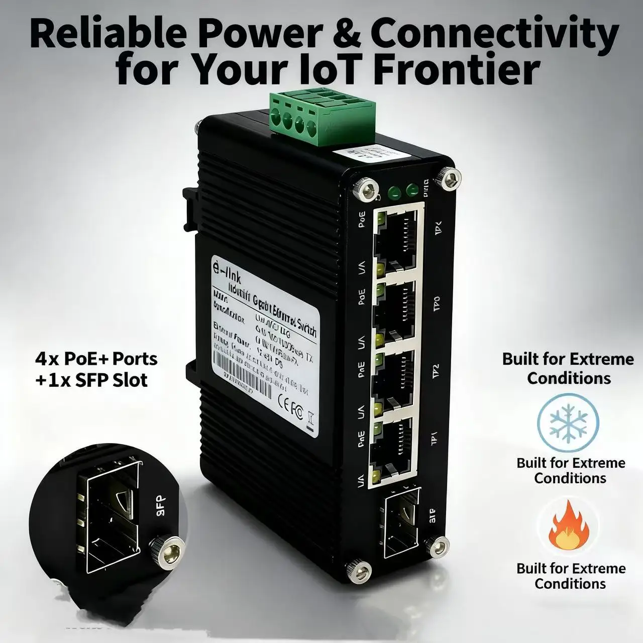 

Mini Industrial 4-Port 10/100/1000BASE-T 802.3at PoE + 1-Port 10/100/1000T Ethernet Switch