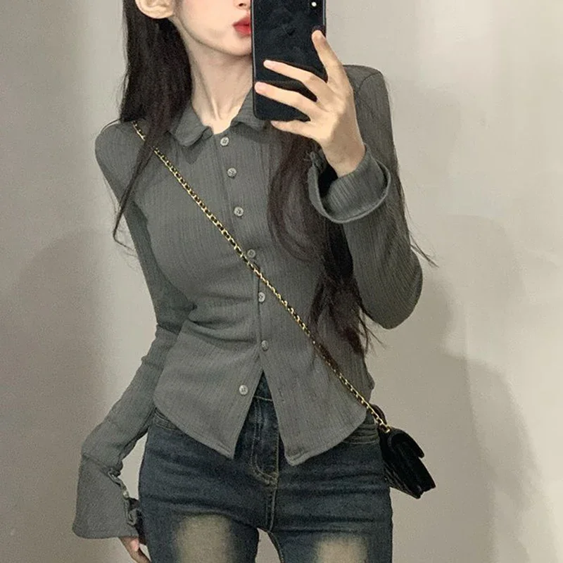 Korean Striped Shirt Women Slim Solid Button Flared Sleeve Gray Top High Street Skinny Basic Office Lady Harajuku School Blouses