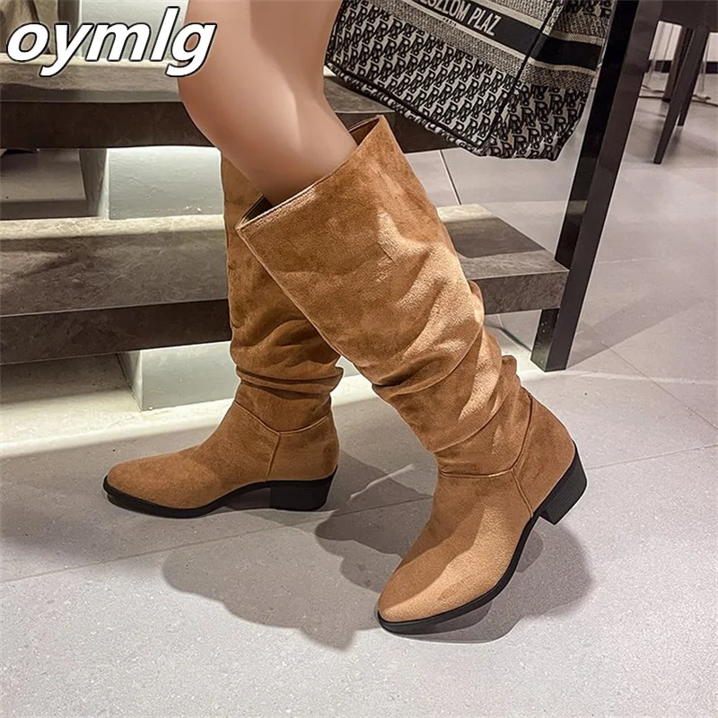 

Stacked Boots Female Knight Boots Vintage Suede Thick Heel Round Toe 2023 New Black Pleated High Barrel Boots