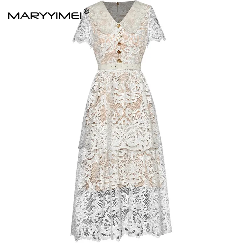 

MARYYIMEI Fashion Designer Summer Women's Dress Lace Peter Pan Collar Short-Sleeved Hollow Out Button Holiday Ball Gown Dresses