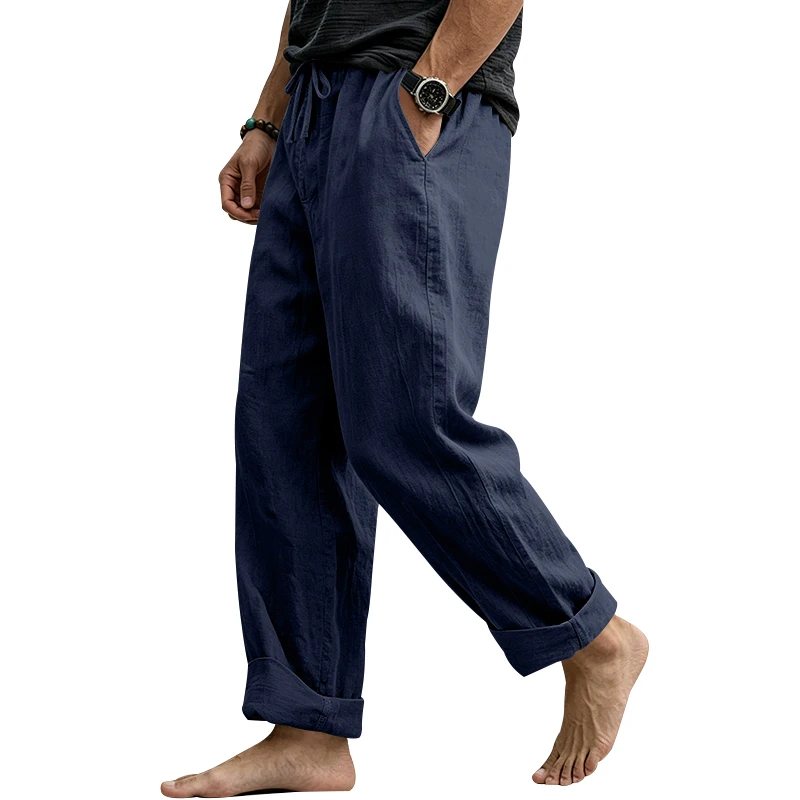 Sommerliche Herren-Leinenhose, Lässige Hawaiian-Hose mit Elastischem Kordelzug, Atmungsaktive Gerade Lange Hose mit Taschen für Alltag und Zuhause – Detail 9