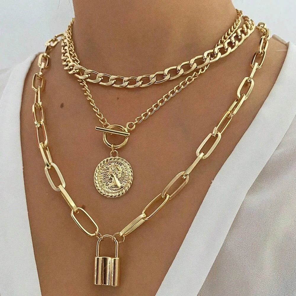 3Pcs/Set Vintage Coin Pendant Necklaces for Women Punk Gold Color Lock Multi-Layered Necklace 2024 Trendy Y2K Jewelry Gifts