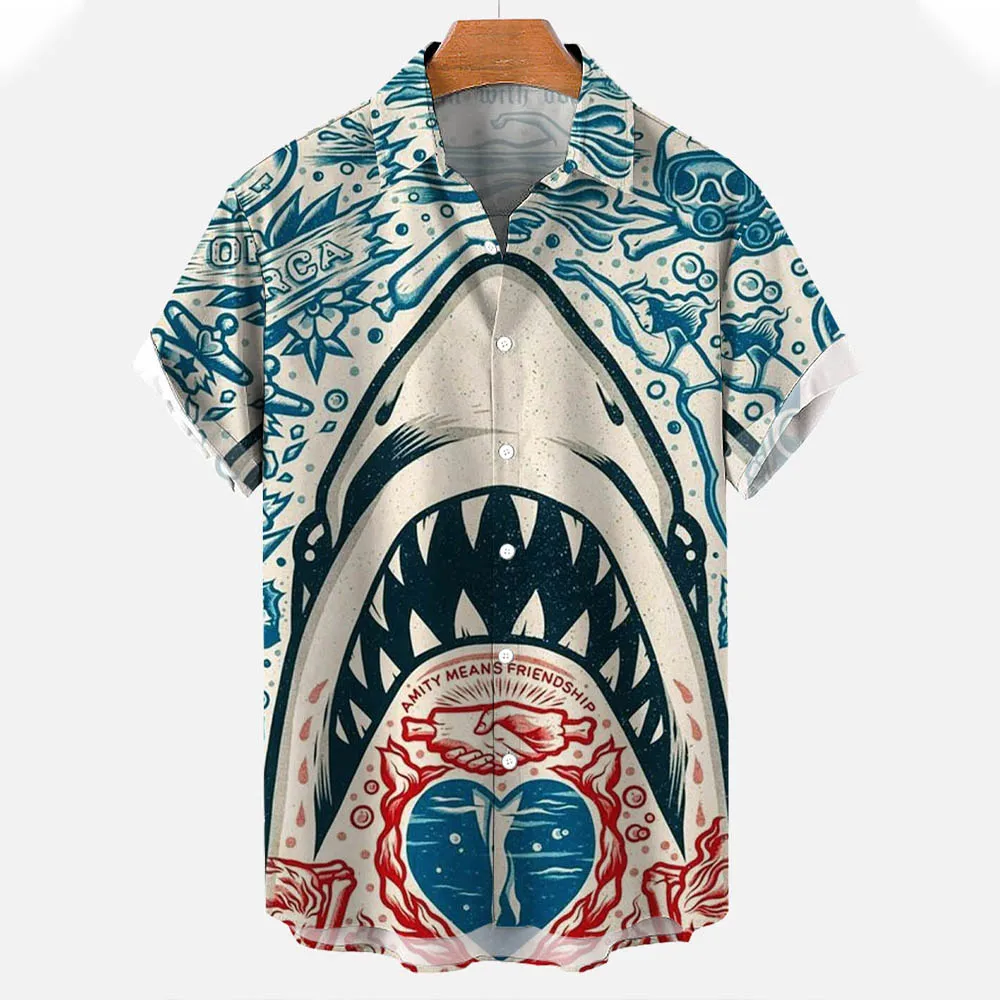 New Men's Shirts 3D Animal Print Clothes Fashion Button Short Sleeve Lapel Streetwear Shirt for Men Hawaiian Shark Blouse Tshirt