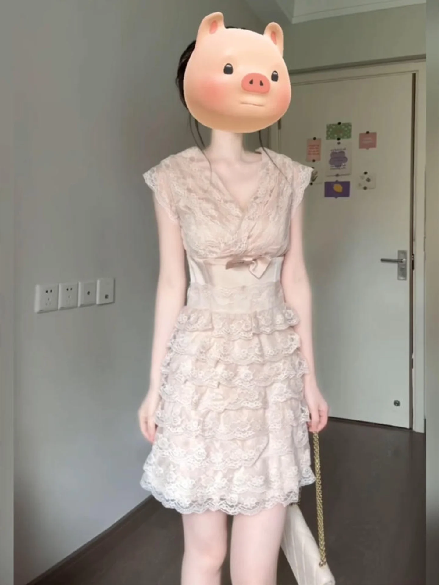 

XZY Heavyweight V-neck Lace Splice Women's Dress Summer Knot Waist Cinch Cake Skirt French Style Slim Fit Short Dress