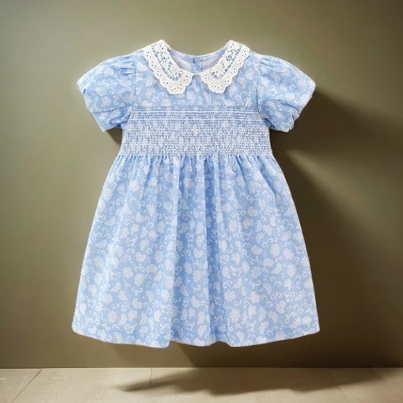 2024 Baby Girls Blue Dresses Party Dress Children\'s Clothing Cartoon Flowers Summer Holiday Dresses Kids Clothes