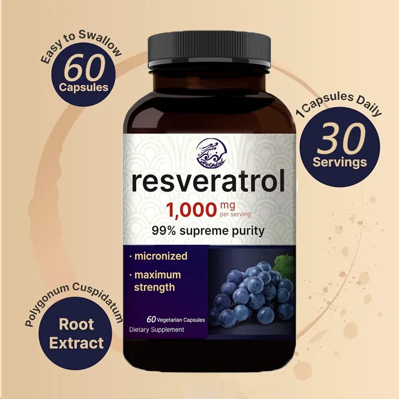 99% pure trans resveratrol 60 capsules, antioxidant, healthy aging, brain and heart support - non genetically modified