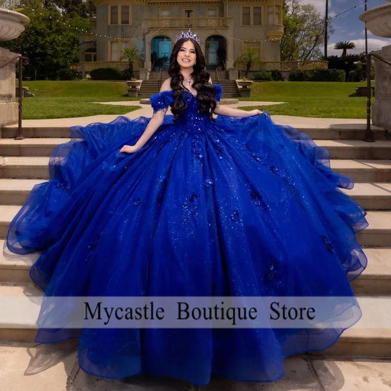 Customized Royal Blue Princess Quinceanera Dress Vestidos De 15 Anos XV Glittering Tulle Lace Birthday Party Ball Gown