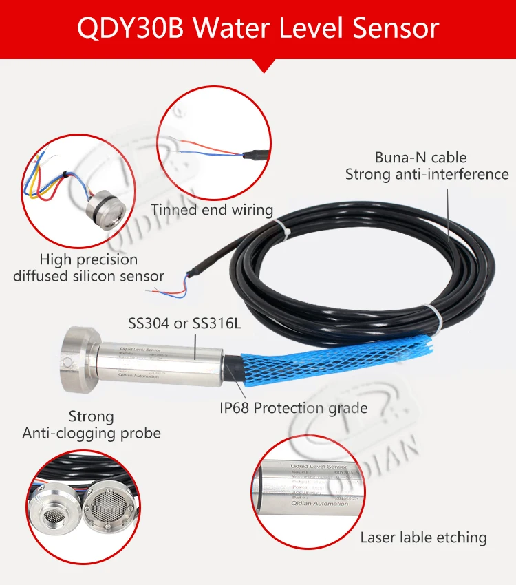 

1m 2m Submersible Liquid Level Sensor IP68 Anti-blocking Type Lquid Level Transmitter 5m 4-20ma Pool Water Level Sensor Probe