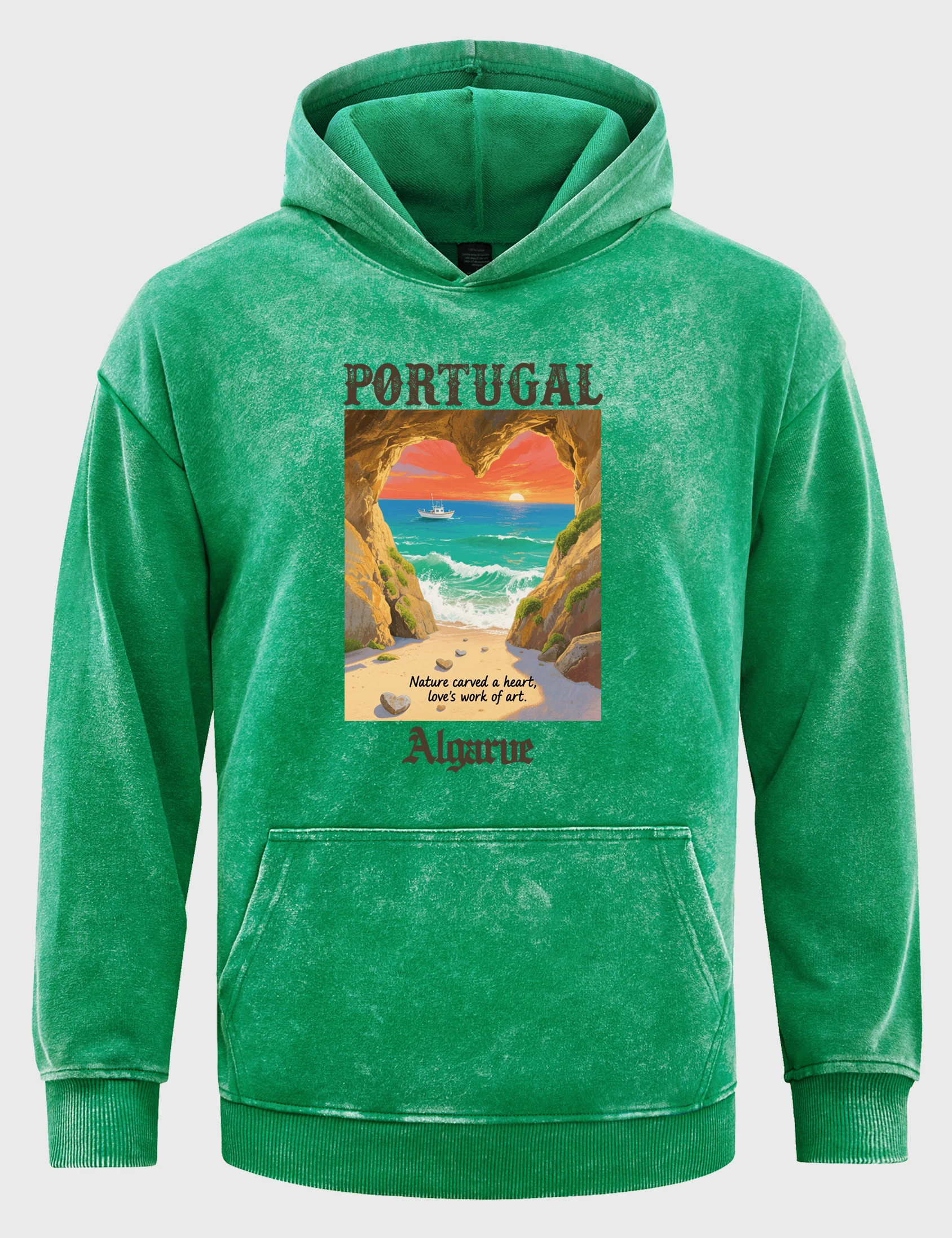 Portugal Algarve Coast Print Men Washed Hoodies Vintage Cotton Pullover Trendy Loose Long Sleeve Hip Hop Simple Man Clothes