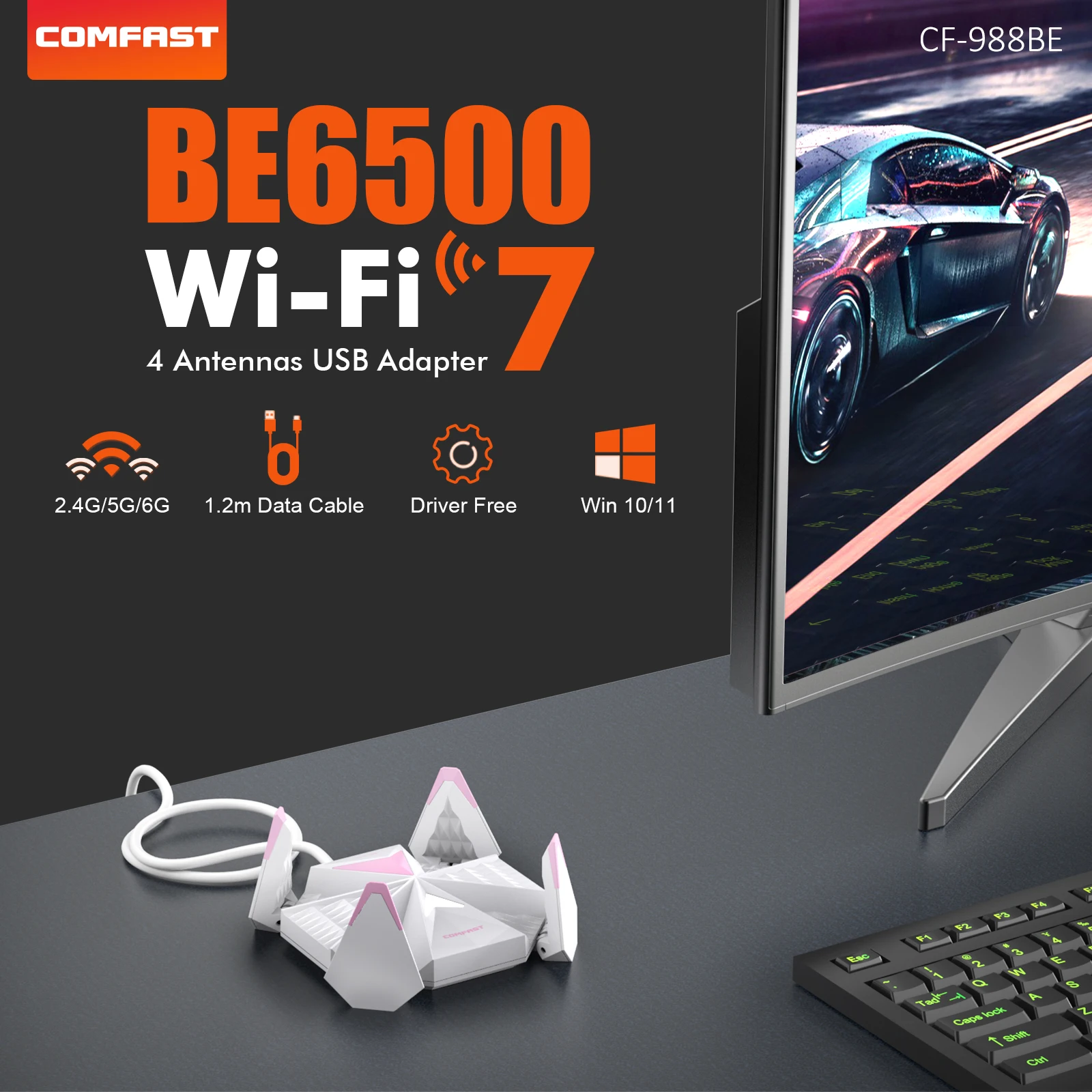 COMFAST 6500Mbps WiFi 7 USB Adapter E-sports Wireless Network Card USB3.0 2/5dBi Wi-Fi Receiver for Win10/11 2.4/5.8/6GHz