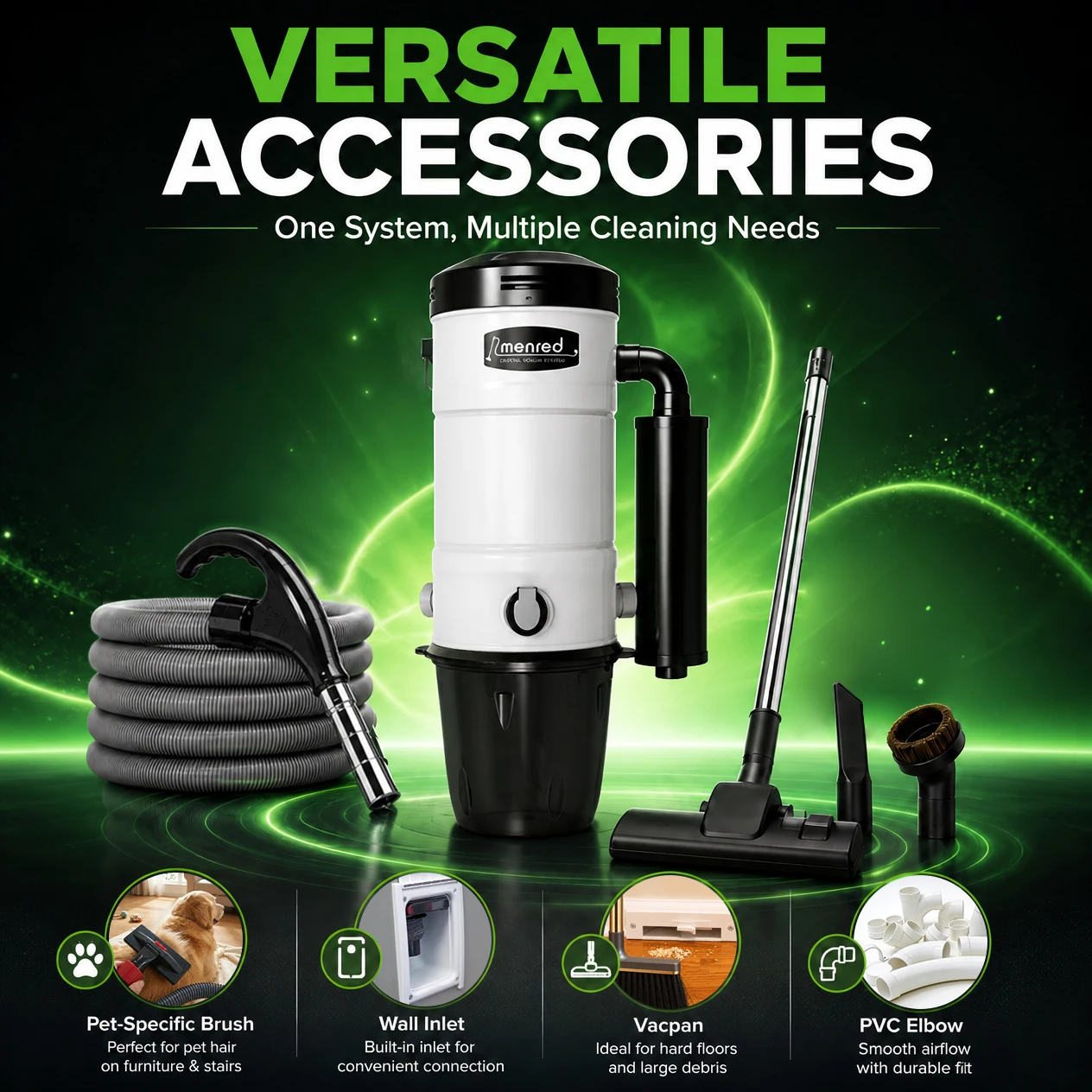 Menred Whole-House Central Cleaning Electric Metal Large 20L Dust Capacity HEPA Filtration Low Noise & Easy Maintenance
