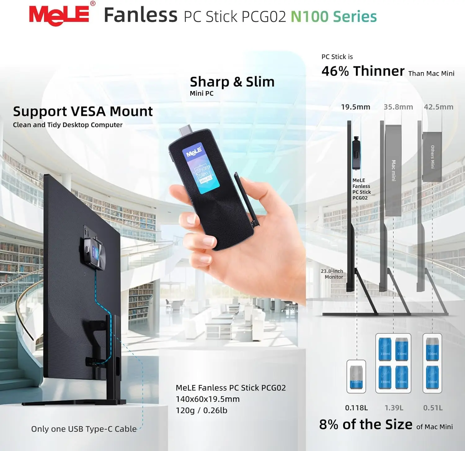 MeLE PCG02 Mini PC Stick sin ventilador N100 8GB LPDDR4 128GB Micro computadora de escritorio con USB-C de función completa, WiFi 2,4G/5,0G, HDMI 4K