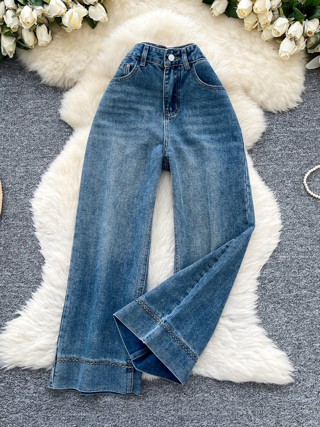 

Американские повседневные широкие джинсы в стиле ретро для девочек с высокой талией, тонкие свободные прямые брюки, брюки с девятью точками