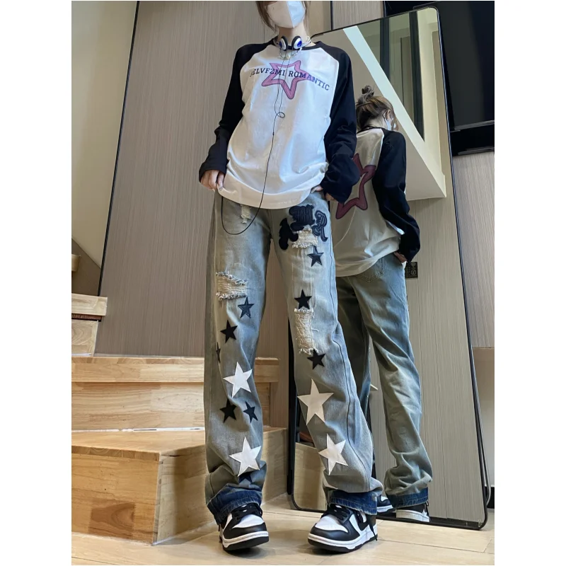 

Vintage Blue Women Jeans High Waist Printing American Fashion Y2K Streetwear Wide Leg Jean Female Trouser NEW Baggy Denim Pants