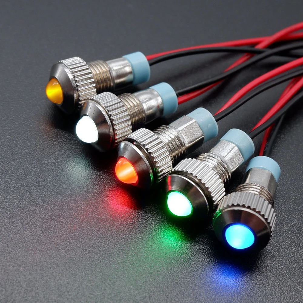 ไฟแสดงสถานะโลหะ LED ขนาด 8 มม. 100 ชิ้น พร้อมสายไฟ 3V 5V 12V 24V 110V 220V สีแดง เหลือง น้ำเงิน เขียว ขาว
