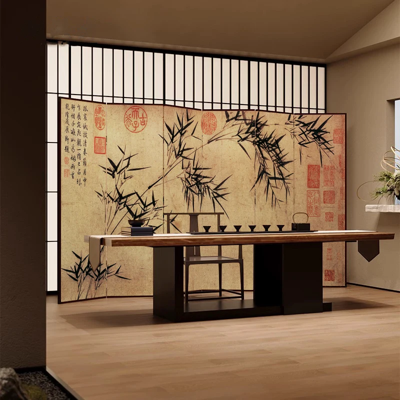Bamboo folding screen living room partition screen tea room study bedroom blocking decorative painting new