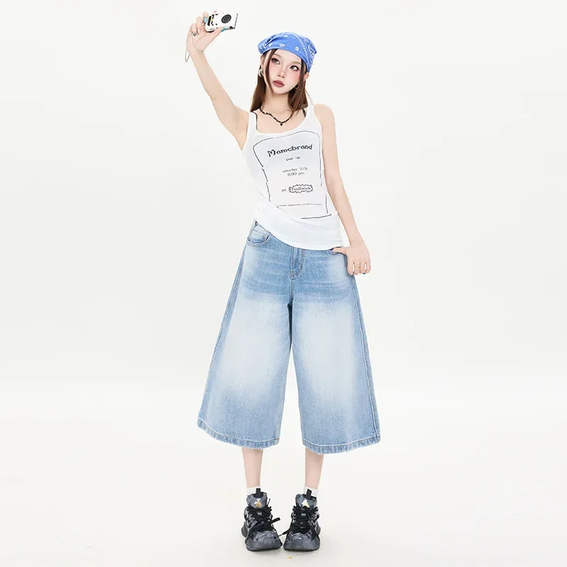 Pantaloncini di jeans a gamba larga a sette punti blu bambù americano. Le donne estive a vita alta mostrano pantaloni casual a tubo dritto sottili e tutti costruiscono