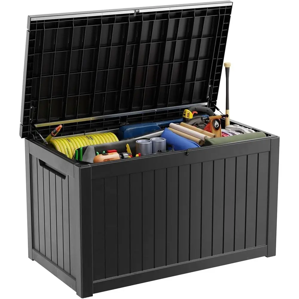 

Lockable Weatherproof Outdoor Storage Box for Decks, Patio, Garden Tools, and Pool Supplies (Black)