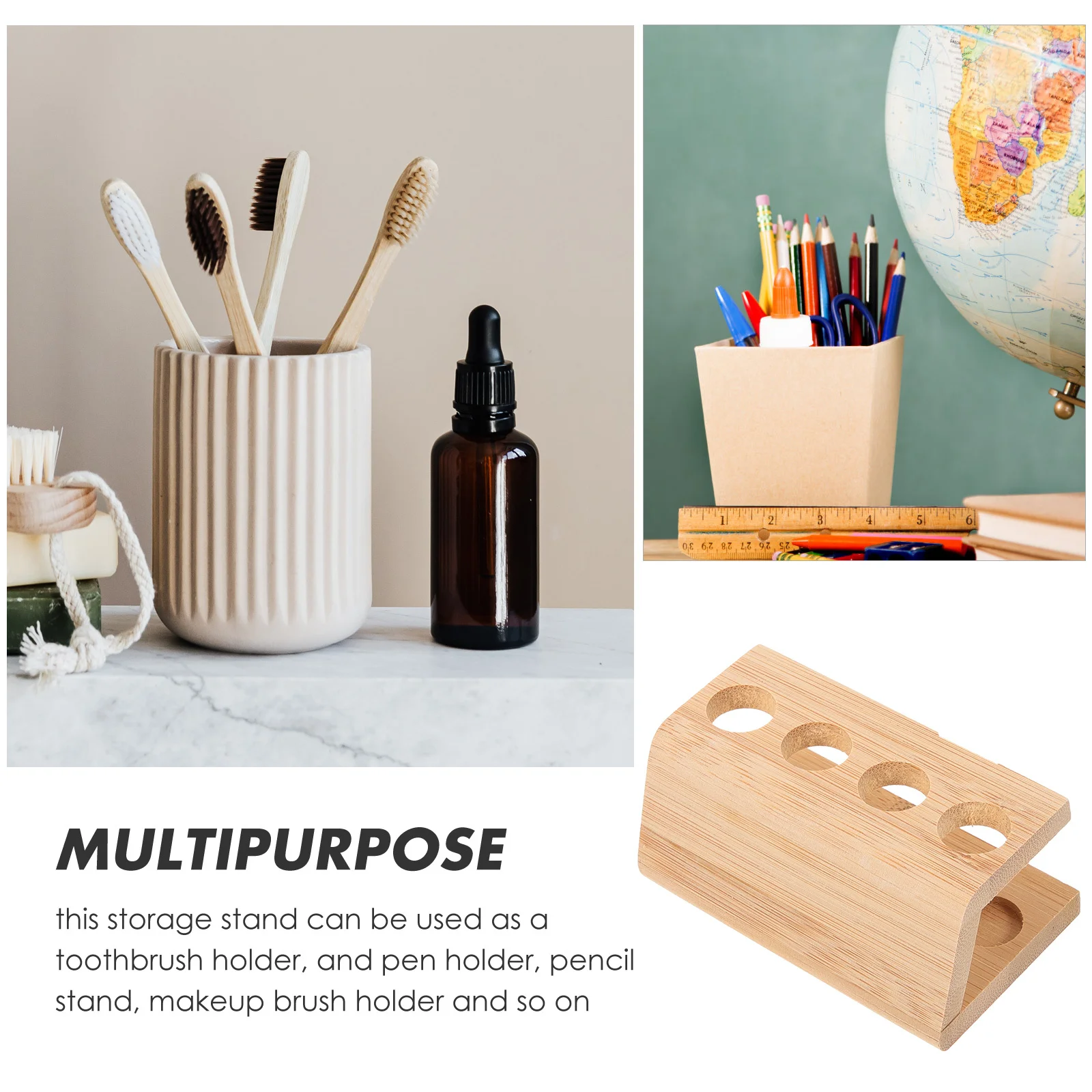 حامل فرشاة الأسنان من الخيزران 4 فتحات حامل كونترتوب للحمام منظم سطح المكتب متعدد الاستخدام فرشاة القلم حامل ماكياج #5