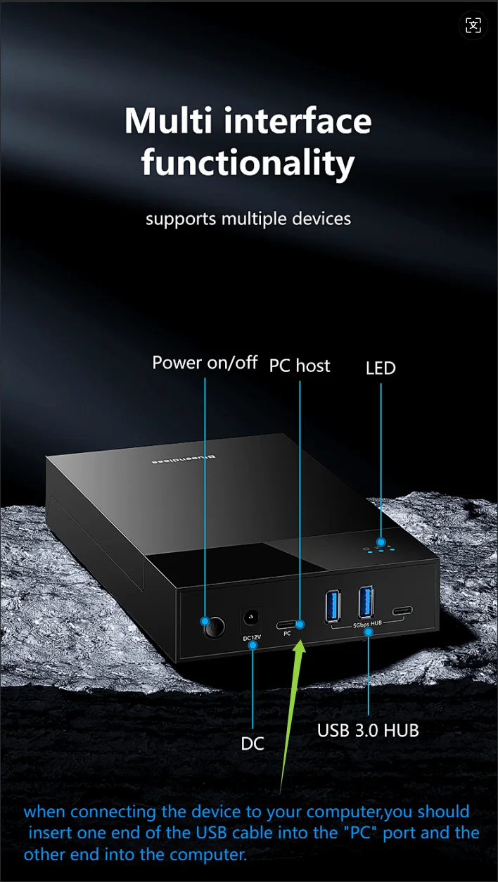 Blueendless 2,5/3,5 Zoll HDD/SSD-Gehäuse mit USB3.0-HUB, Unterstützt 18TB, Typ-C-zu-SATA-Adapter, Werkzeugfreies HDD-Gehäuse mit 12V-Stromadapter – Detail 1