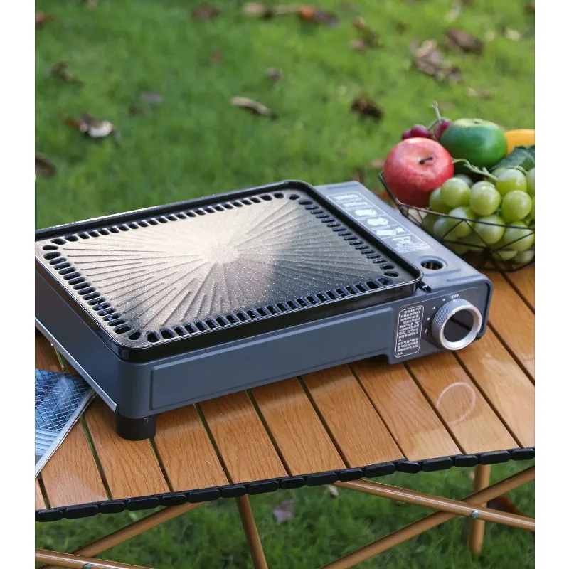 Portable Windproof Gas Cassette Stove BBQ Grill with Roasting Pan for Camping Picnic Outdoor Home Use