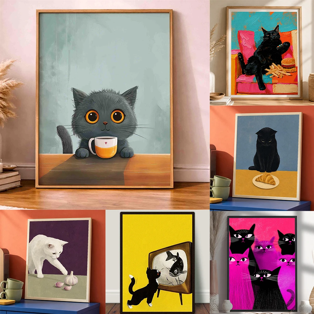 Black Cat Art Print Vintage Fish Catch Poster Retro Gothic Wall Decor Funny Animal Vintage Art Canvas Painting Decoration