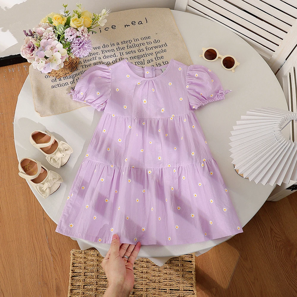 2-8Y 100% Cotton Girls Summer Dress Lavender Purple Daisy Print Puff Sleeve Tiered Sundress Toddler Kids Casual Party Dress