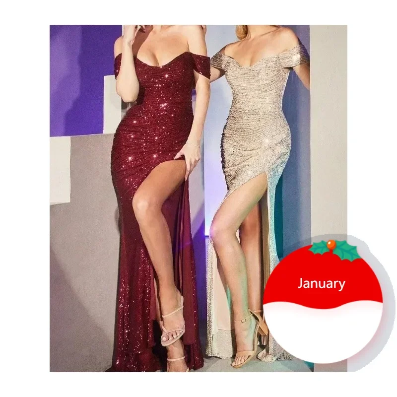 Chic and Elegant Women Evening Maxi Dresses 2025 Off-Shoulder Sequin Mermaid Split Night Prom Formal Gowns For Party Customized