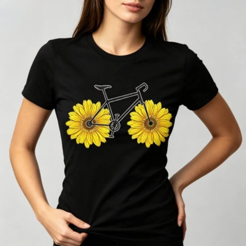 Maycaur New Funny Bicycle with Sunflower Women Tshirt Summer Harajuku Short Sleeve White T Shirts Cartoon Casual Woman Tops Tees