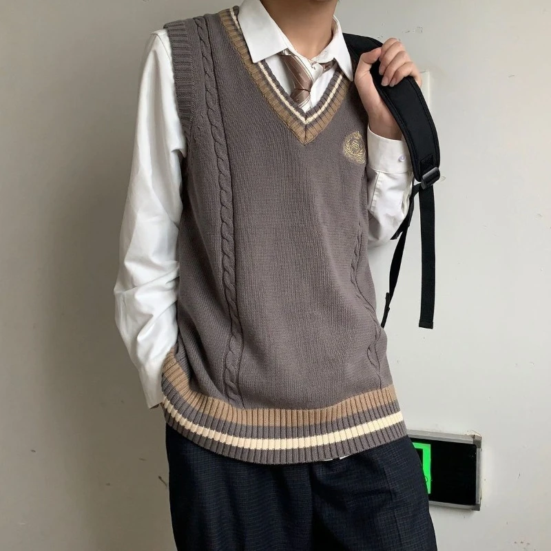 

Loose Preppy Japanese Style Men's V-Neck Sweater Vest Knitted Cardigan Embroidered Patchwork Couple Layering Outerwear Uniform