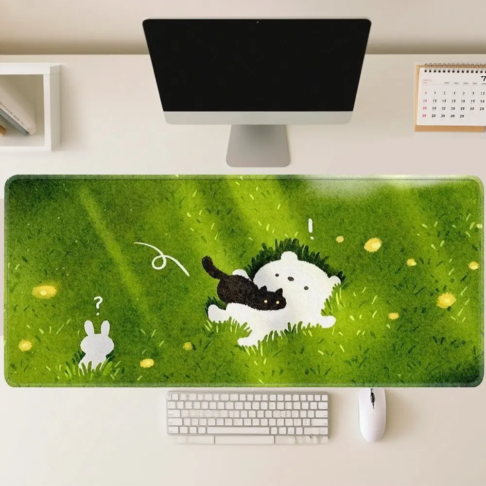 Large Cute Cat Bunny Grass Mouse Pad, Extended Non-Slip Gaming Desk Mat, Waterproof Keyboard Pad