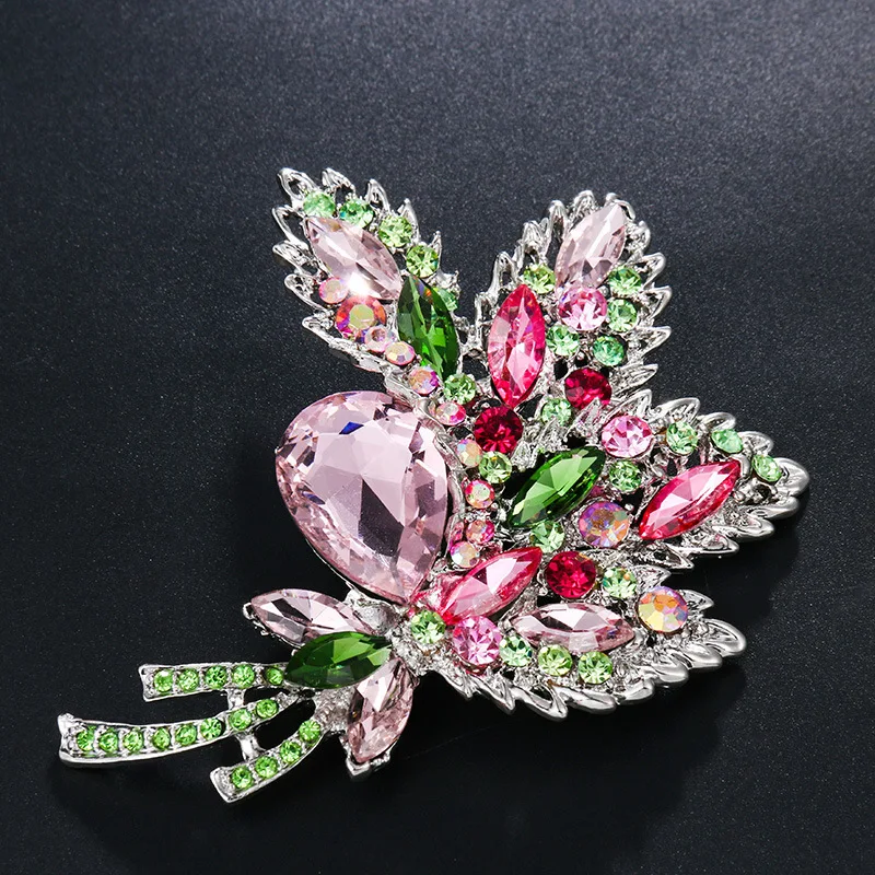 Pink Crystal Flower Brooch Rhinestone Pin Big New Elegant Romantic Wedding Bride Large Brooches For Woman Bridesmaid Jewelry