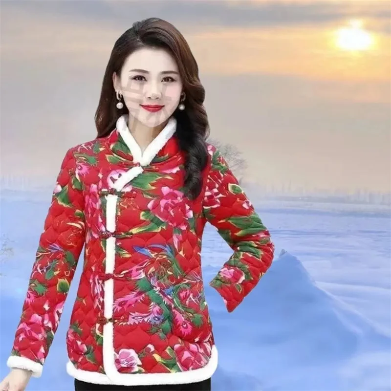 Chaqueta de algodón de plumón de camello para mujer, chaqueta de flores chinas Rojas, vestido de madre, otoño e invierno, 2023