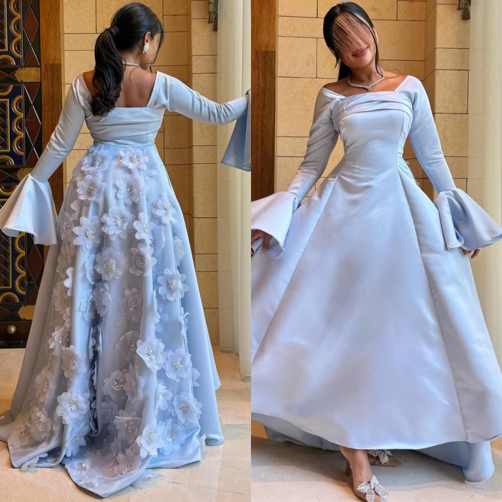 

Customized Charming Satin Evening Dress Exquisite Strapless Long Sleeves Prom Gowns Luxury Flowers Special Occasion Gowns