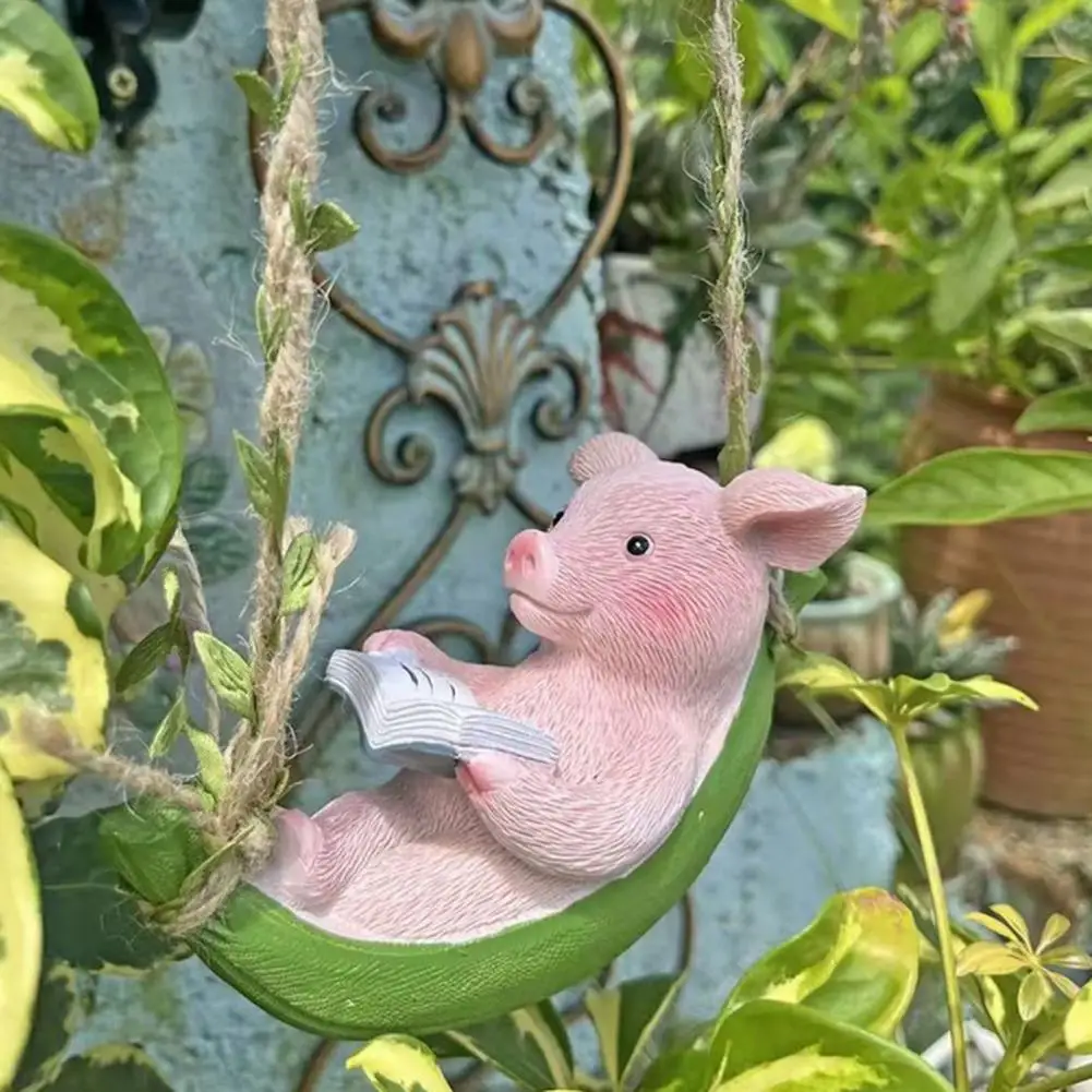 Hanging Pig Decoration Cute Pig Reading Ornament Hanging Resin Pig Figurine Ornament Cute Piggy Lying Hammock for Indoor