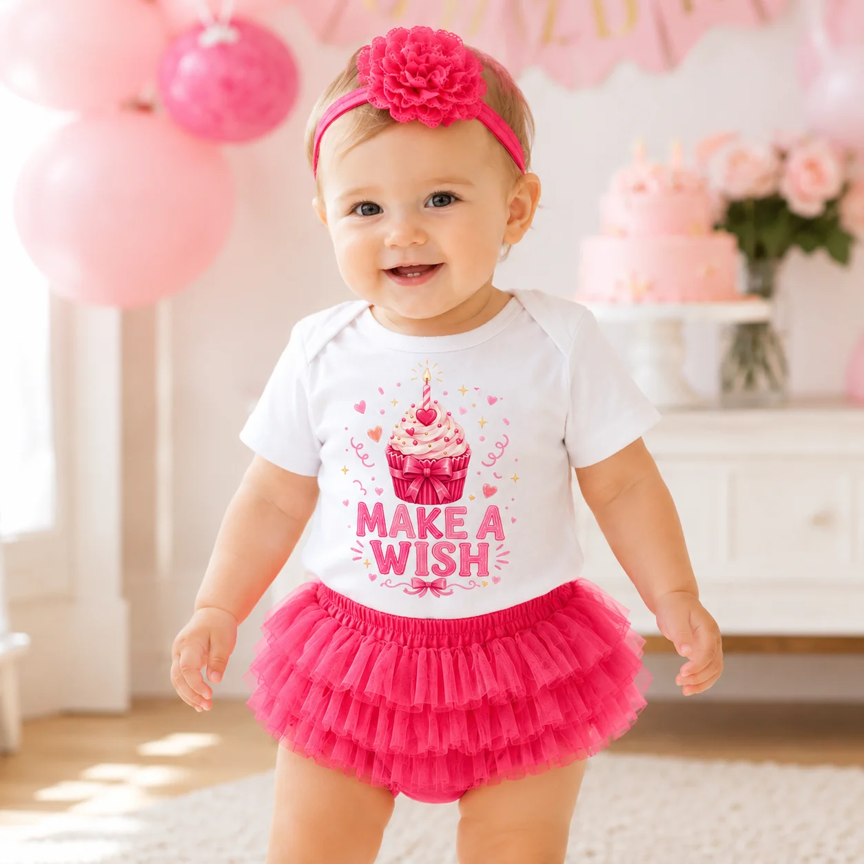 

Baby Girl 1st Birthday Outfit Make A Wish Cupcake Print Bodysuit Pink Tulle Tutu Skirt Flower Headband 3Pcs Cake Smash Photo Pro
