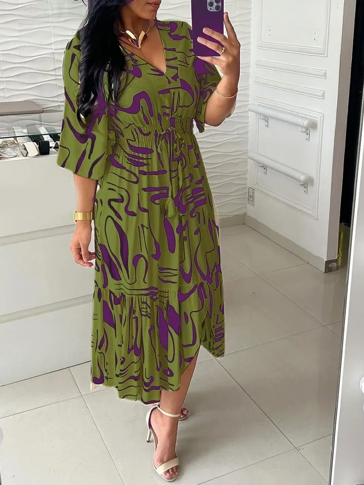 Summer Bohemian Wommen Print Midi Dresses 2024 Fashion V-Neck Half Sleeve Lace-up A-Line Dress Female Casual Dress Vestido