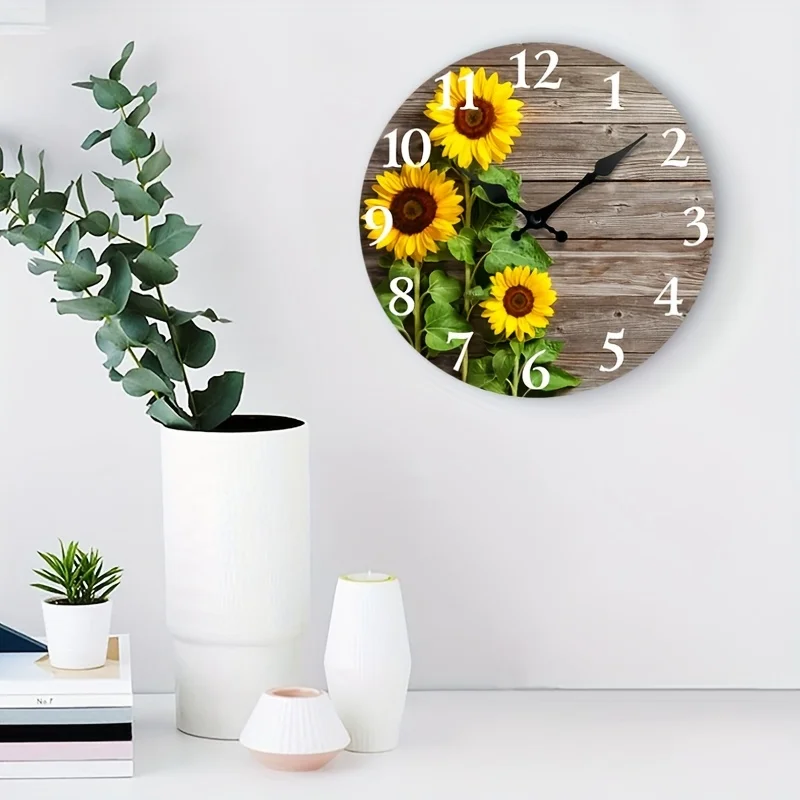 Rustic Sunflower-Themed Silent Wall Clock - Decorative Round Wooden Clock with Vibrant Floral Design, Quiet Operation for Home Decor & Gift, AA Battery Required (Not Included), Wall Clock Living Room