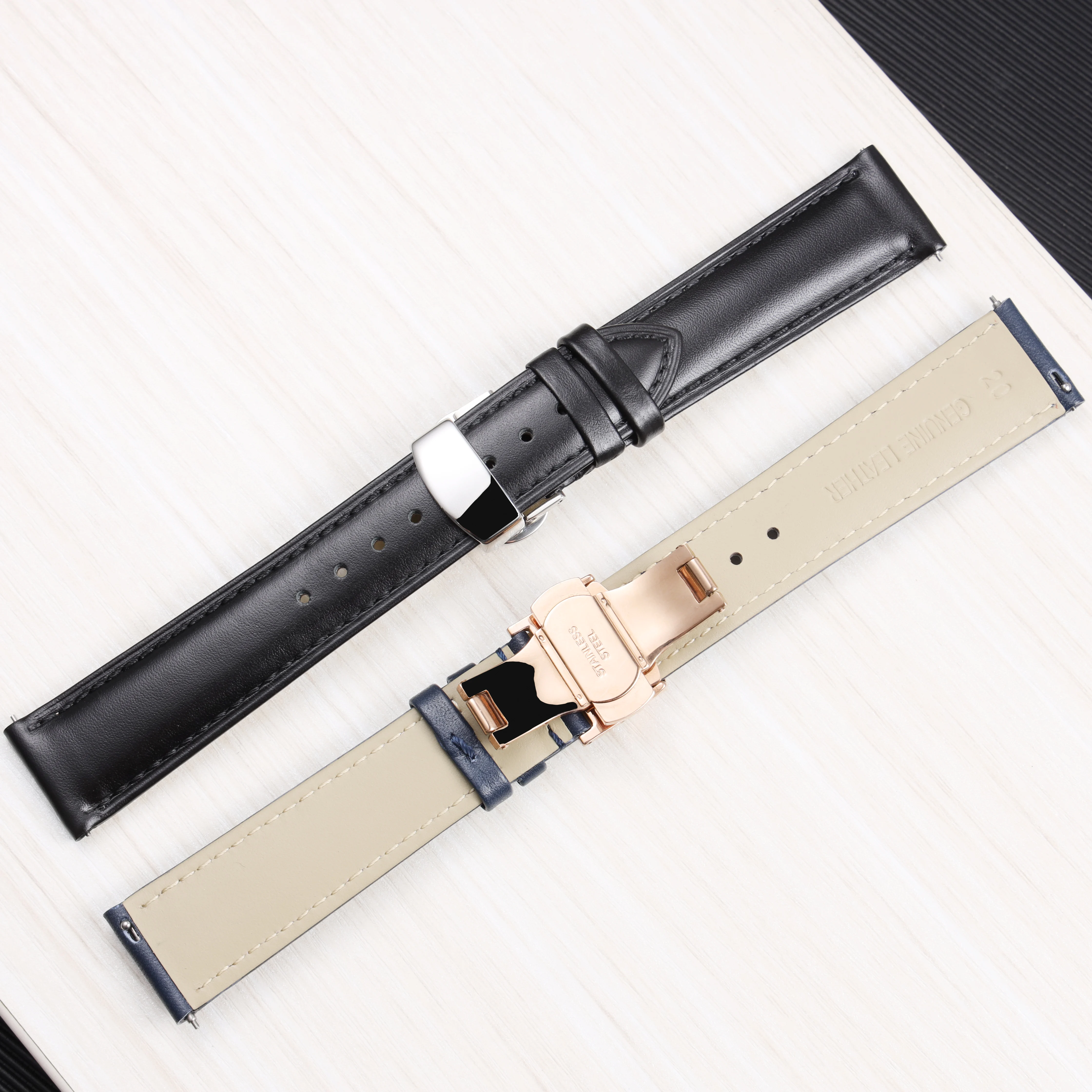 Quick release Smooth Genuine Calfskin Leather Watchband 14/18/20/ 22mm Straps with Solid Butterfly Buckle Business Watchband