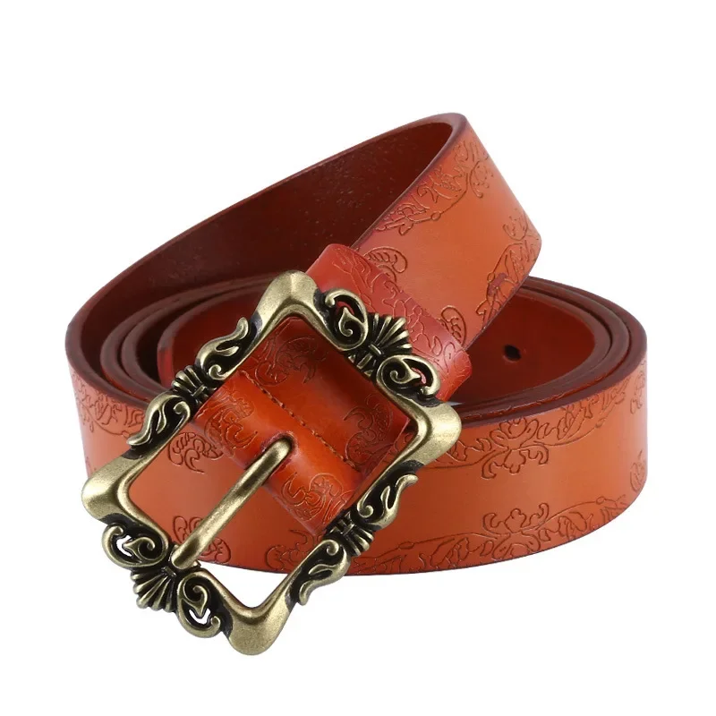 2024 New Genuine Leather Belt Embossed Retro Carved Student Pure Cowhide Jeans Belt Customized by the Manufacturer