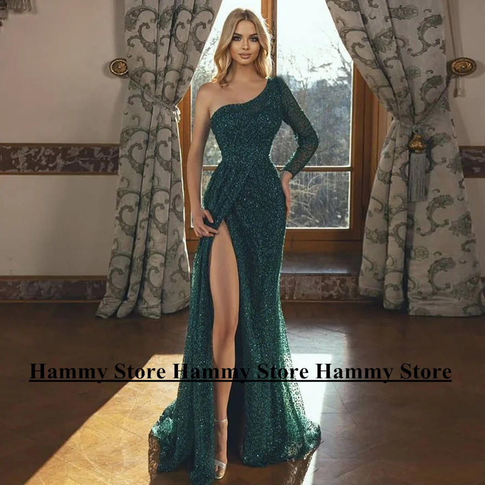 Yipeisha Emerald Green Evening Dress Sexy One Shoulder Long Sleeve Beading Sequin High Split Mermaid Formal Prom Gown for Party