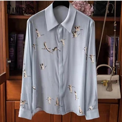 FANIECES Stylish Elegant Turn Down Collar Blue Long Sleeve Satin Shirts Fashion Woman Vintage Blouse Office Lady Tops Blusas6807