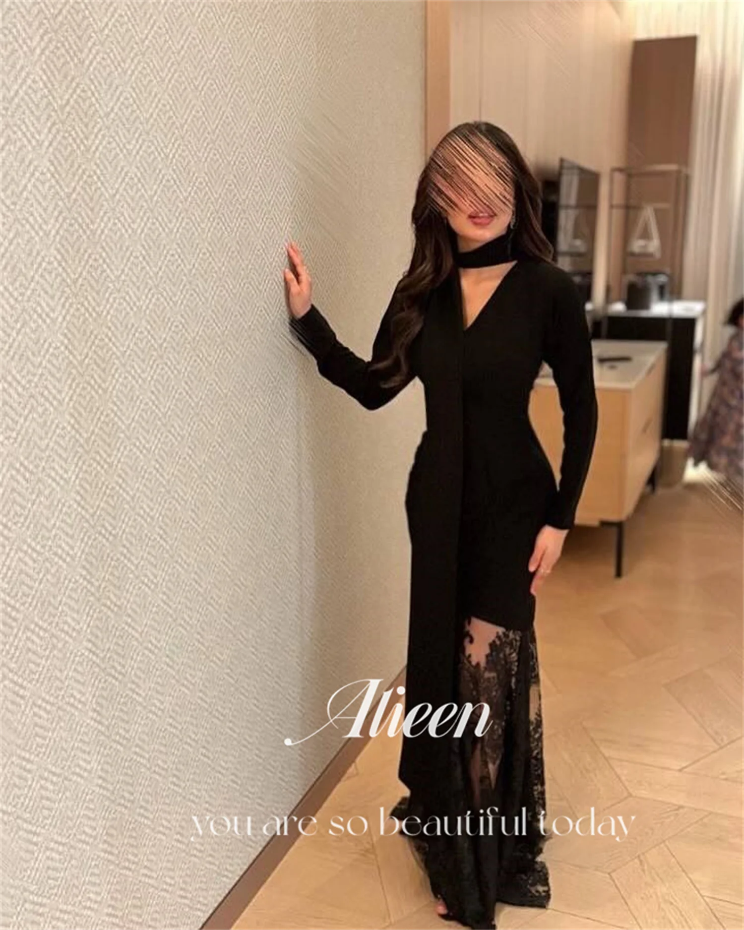 Aileen Zwarte Luxe Avondjurken voor Dames 2025, Luxe Aangepast فسات Mohamed 1914 Kant Vestidos De Festa Lange Mouwen Jurk Gala