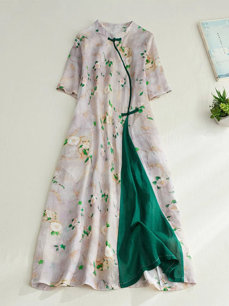 Robe longue en coton pour femmes, imprimé Floral chinois, avec boutons, jupe trapèze, col montant, dr