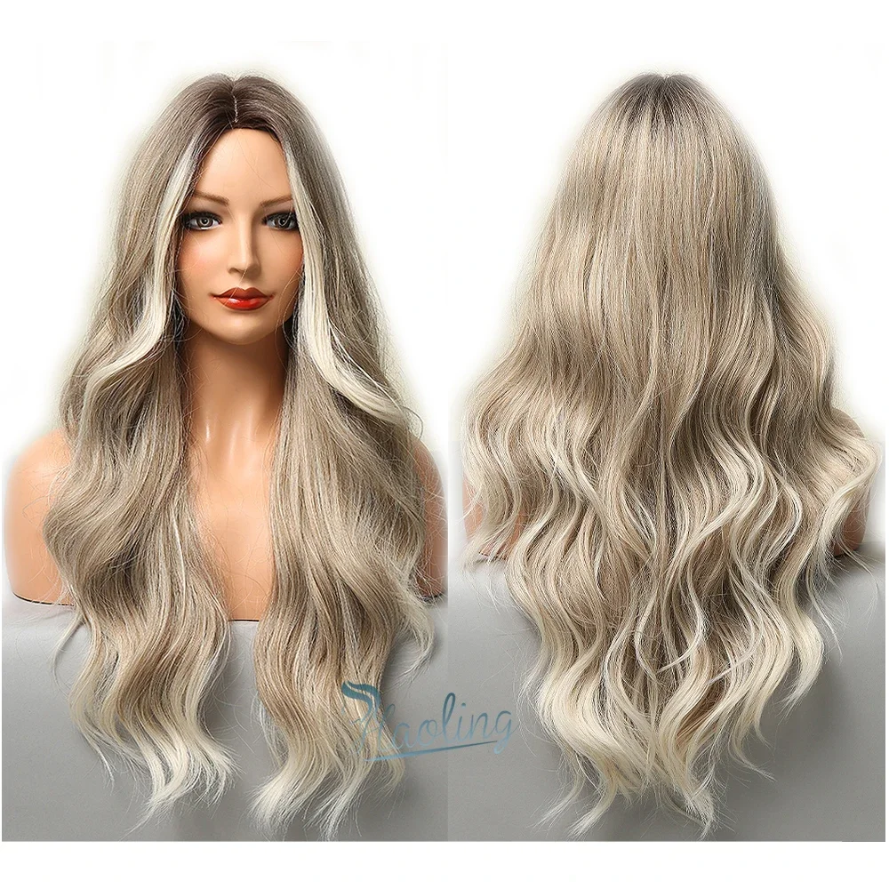 HAOLING OEM/ODM Long Ombre Brown Light Ash Platinum Blonde Wavy Wigs curly synthetic wig for Women