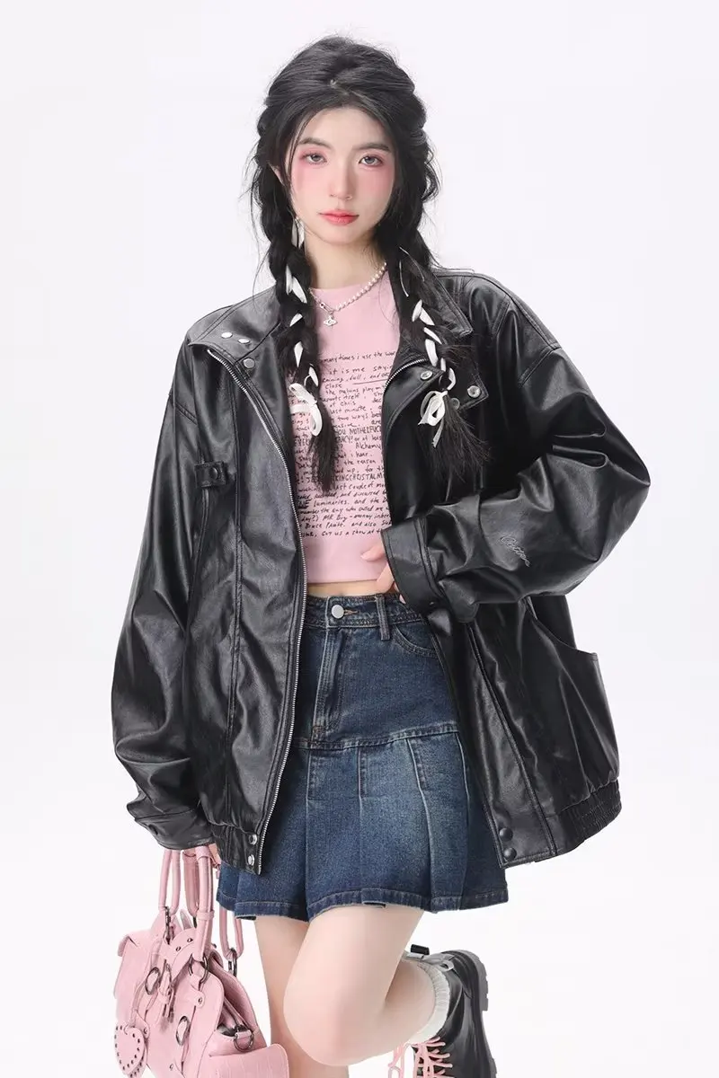 Motorcycle Pu Jacket Women High Street Harajuku Women Biker Black Coat Female Vintage Faux Leather Pockets Zipper Outwear 2023