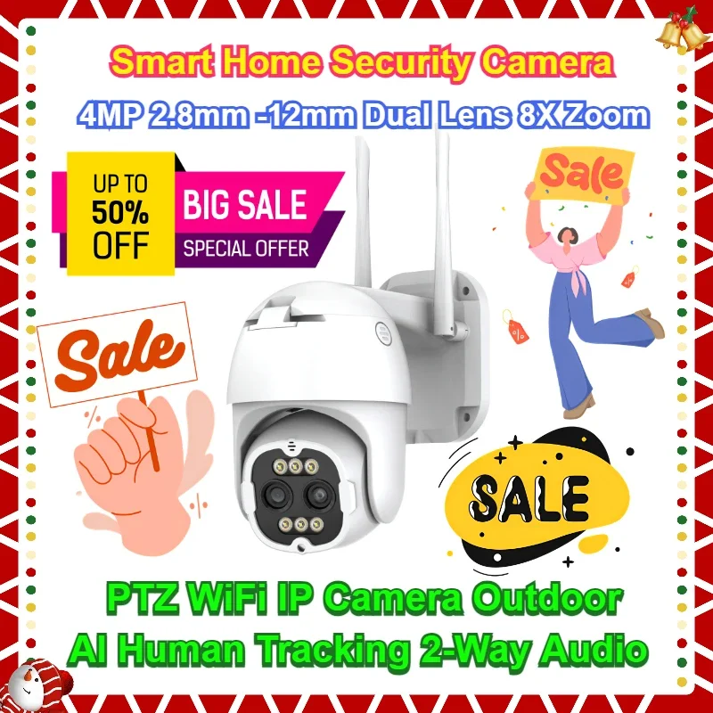 

4MP 2.8mm -12mm Dual Lens 8X Zoom PTZ WiFi IP Camera Outdoor AI Human Tracking 2-Way Audio Smart Home Security Camera