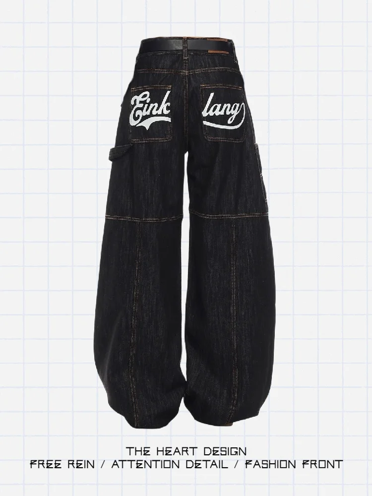 

American Sle High Waist Wide Leg Jeans Women's Design Slimming Loose Bf Vintage Long Pants Knife Letter Embroidery