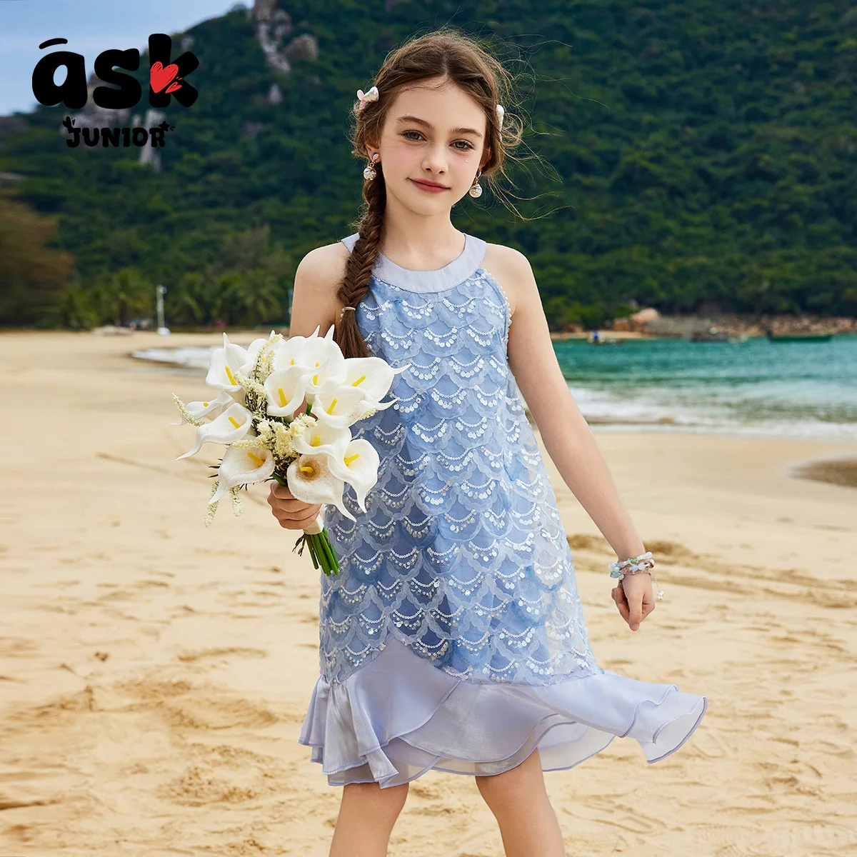 اسأل فستان صيفي رقيق بدون أكمام للفتيات الصغيرات فستان مأدبة مزين بالترتر على شكل سمكة #3