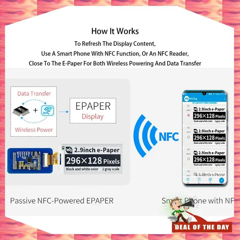 Consegna in 24 ore Waveshare Modulo schermo E-Ink Epaper Eink E Paper da 2,9 pollici wireless alimentato da NFC per APP Android mobile,
